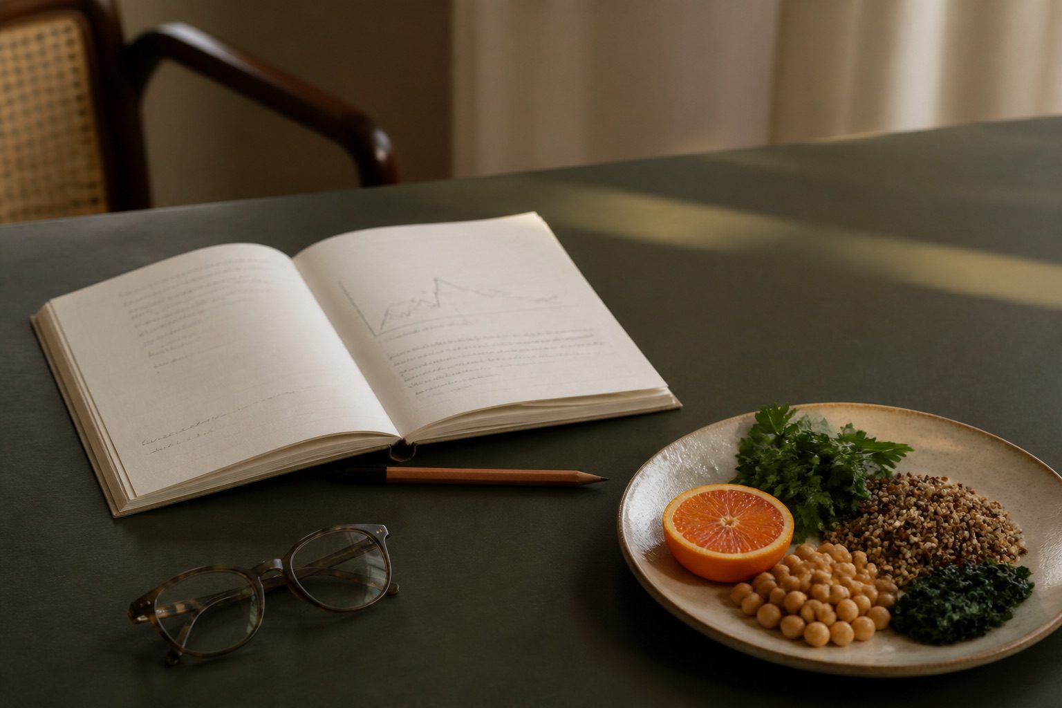 Cuaderno clínico abierto junto a alimentos, unas gafas y un lápiz sobre una mesa verde.